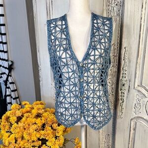 Vintage Shaver Lake Unique Blue Denim Vest with Intricate Cutouts